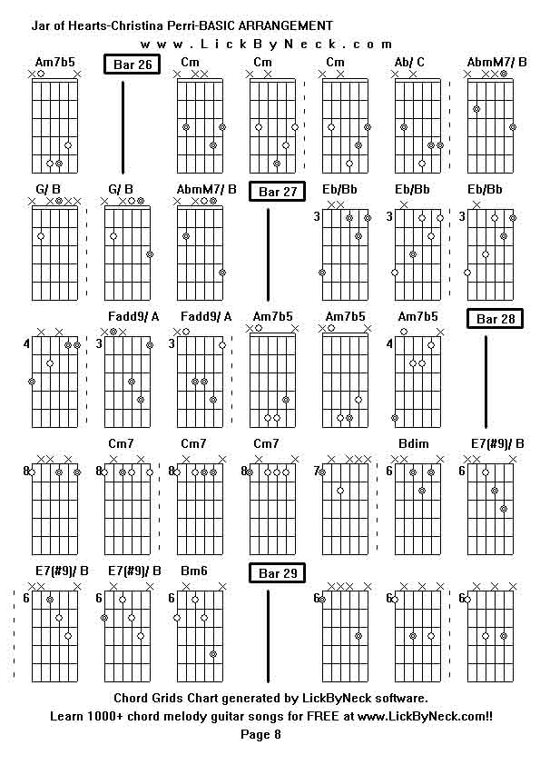 Chord Grids Chart of chord melody fingerstyle guitar song-Jar of Hearts-Christina Perri-BASIC ARRANGEMENT,generated by LickByNeck software.